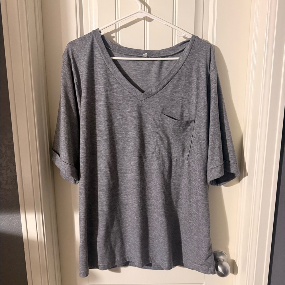 Gray V-Neck T-Shirt with Pocket